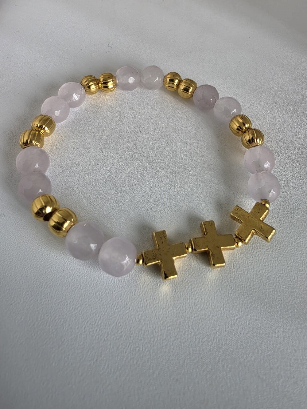 Gold Cross & Light Pink Beaded Stretch Bracelet